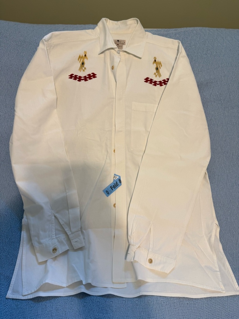 Men's White Embroidered Long-Sleeve Casual Button-Down Shirt